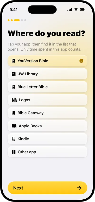 PageFirst setup screen on iPhone titled Where do you read?, listing YouVersion Bible (selected), JW Library, Blue Letter Bible, Logos, Bible Gateway, Apple Books, Kindle and Other app.